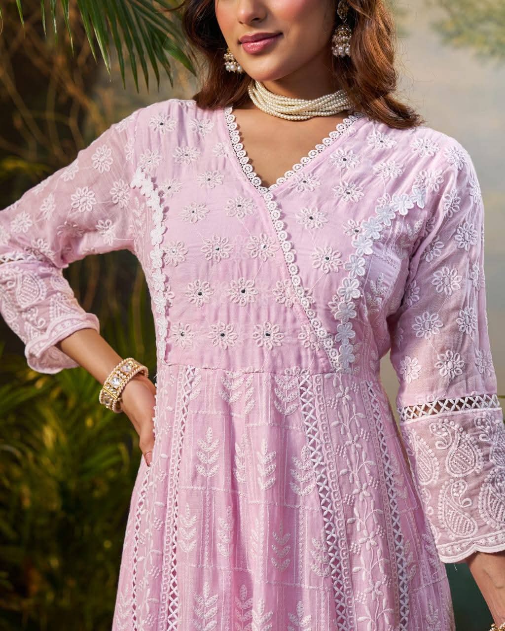 Pink pure cotton fully chikankari anarkali (A842)