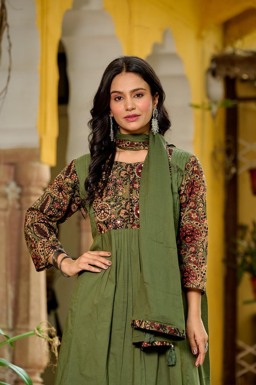 Olive green pure cotton kalamkari three piece set (A398)