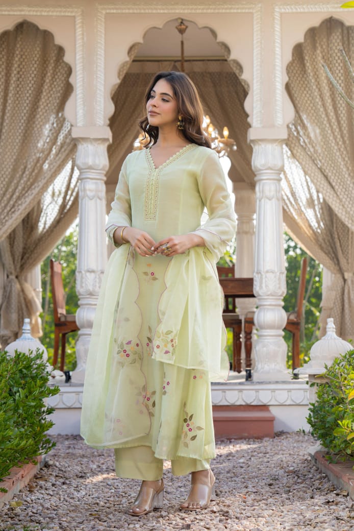 Light green mul chanderi with full thread work three piece set (P2034)