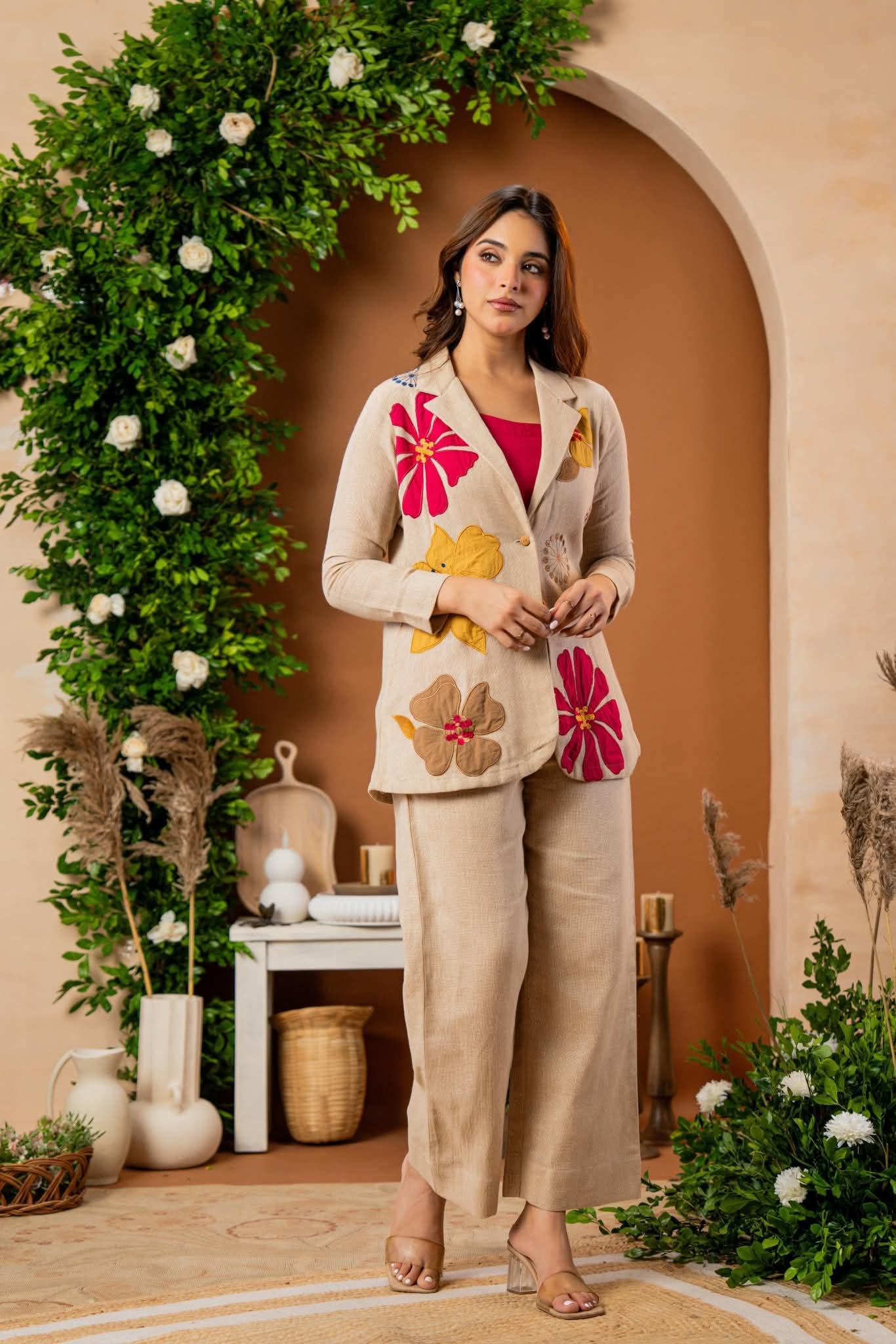 Jute cotton with lining designer three piece set (A995)