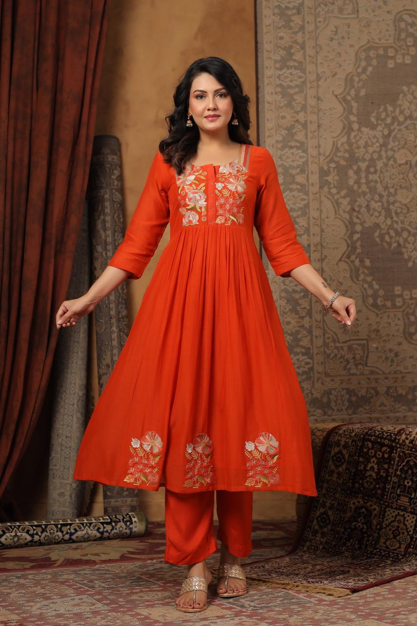 Orange mul chanderi with thread work three piece set (P2013)