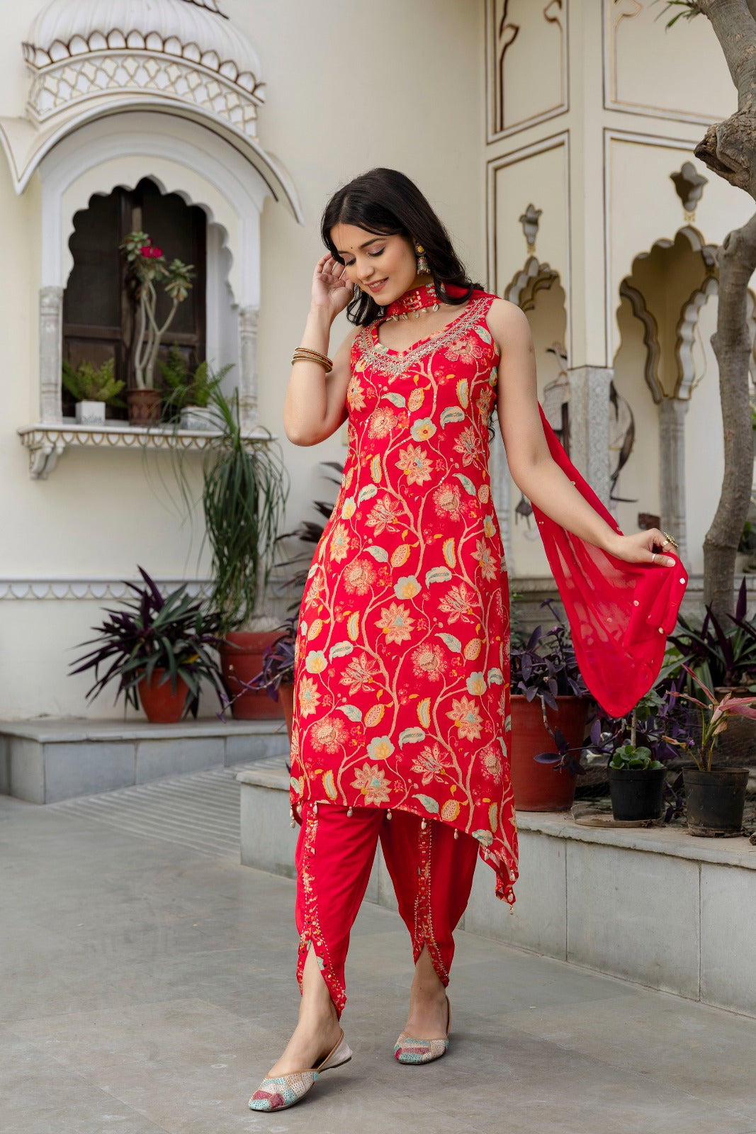 Orange pure chinnon with tulip pant designer three piece set (P1977)