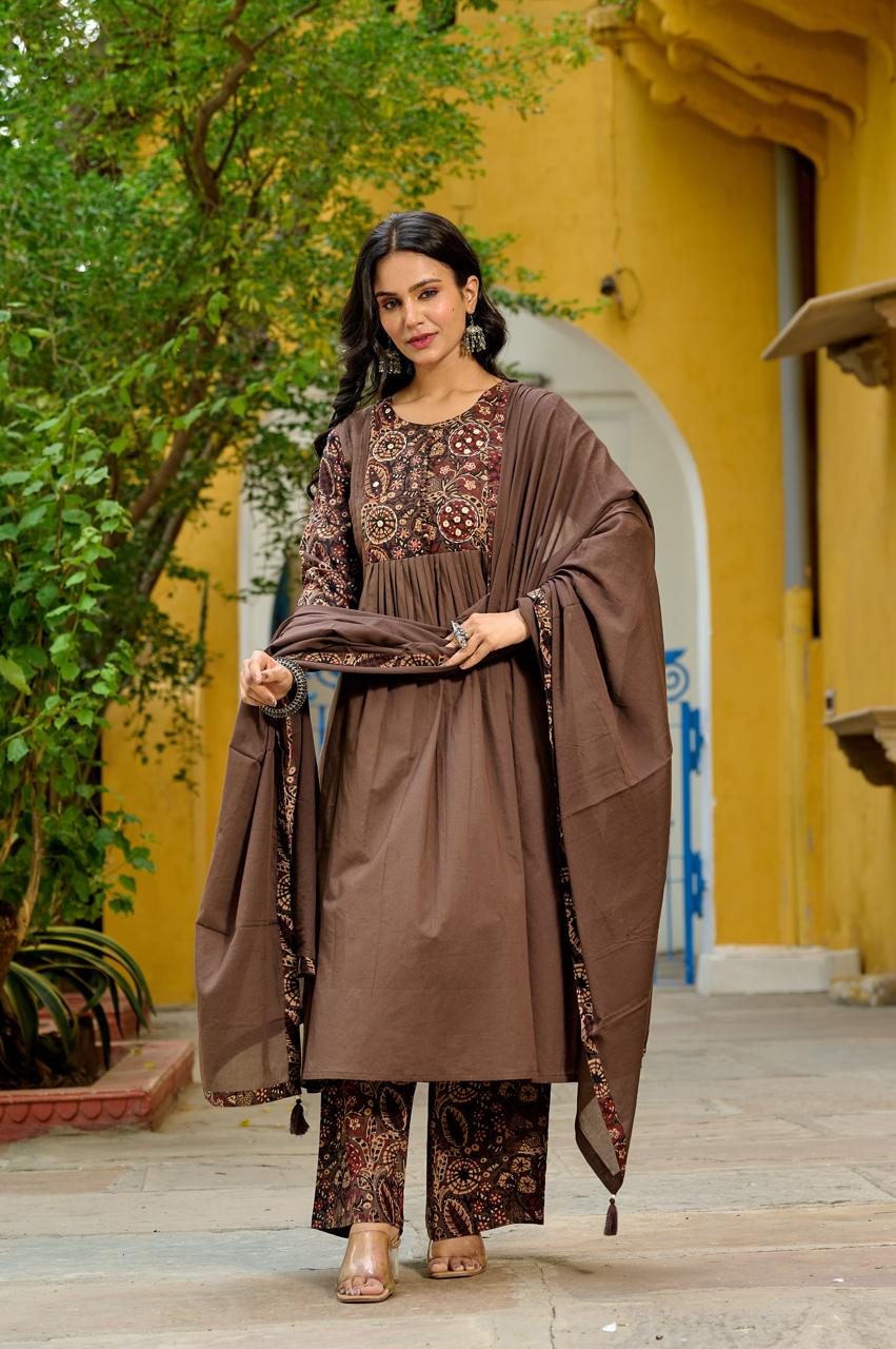 Brown pure cotton kalamkari three piece set (A397)