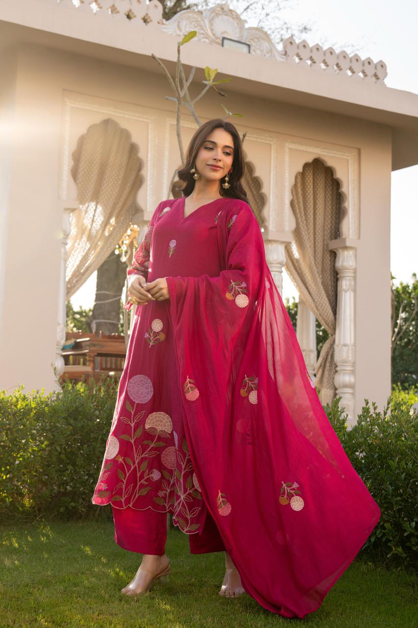 Wine pure mul chanderi with mul lining full thread work pakistani sleeves three piece set (P2164)