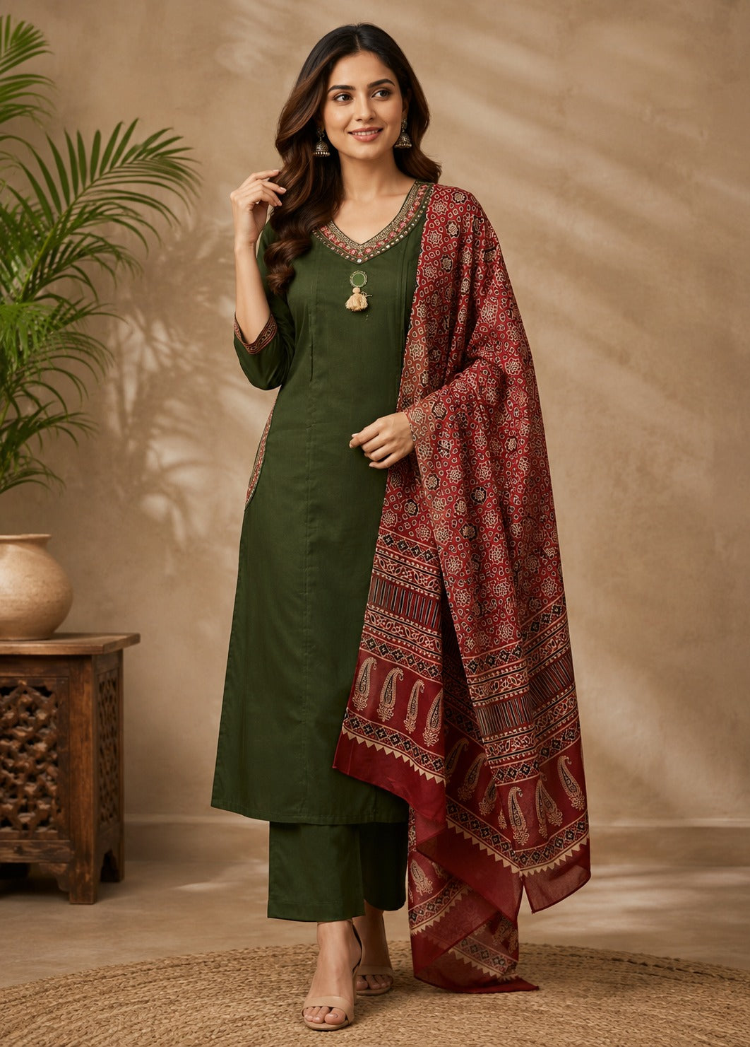 Pure cotton A line pattern kutch work on pocket with Ajrakh dupatta three piece set (B816)