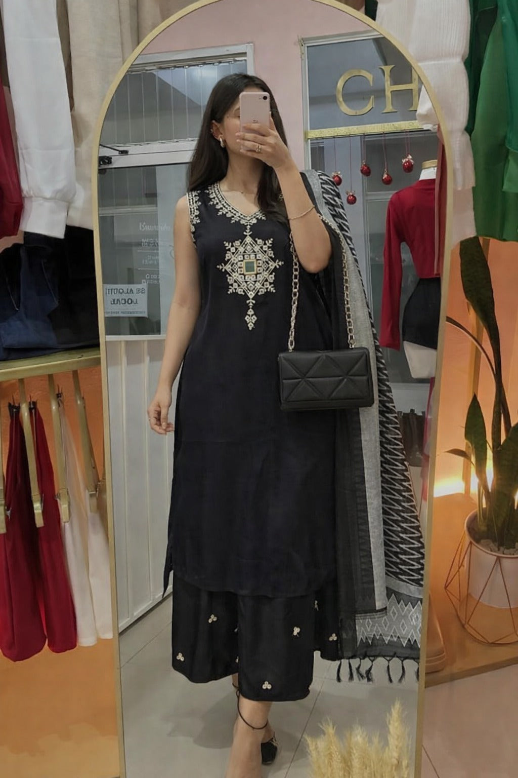 Black cotton modal with additional 3/4 sleeves pure silk dupatta three piece set (A1605)