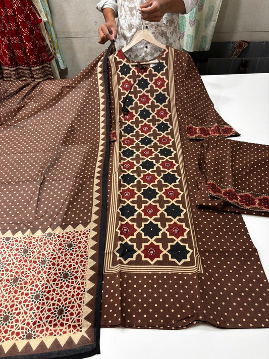 Pure cotton chocolate brown colour ajrakh print three piece set (B914) (next Thursday dispatch)