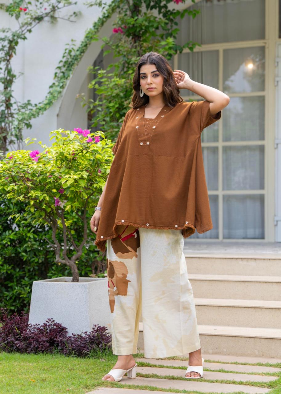 Brown designer handloom cotton two piece cordset (A461)