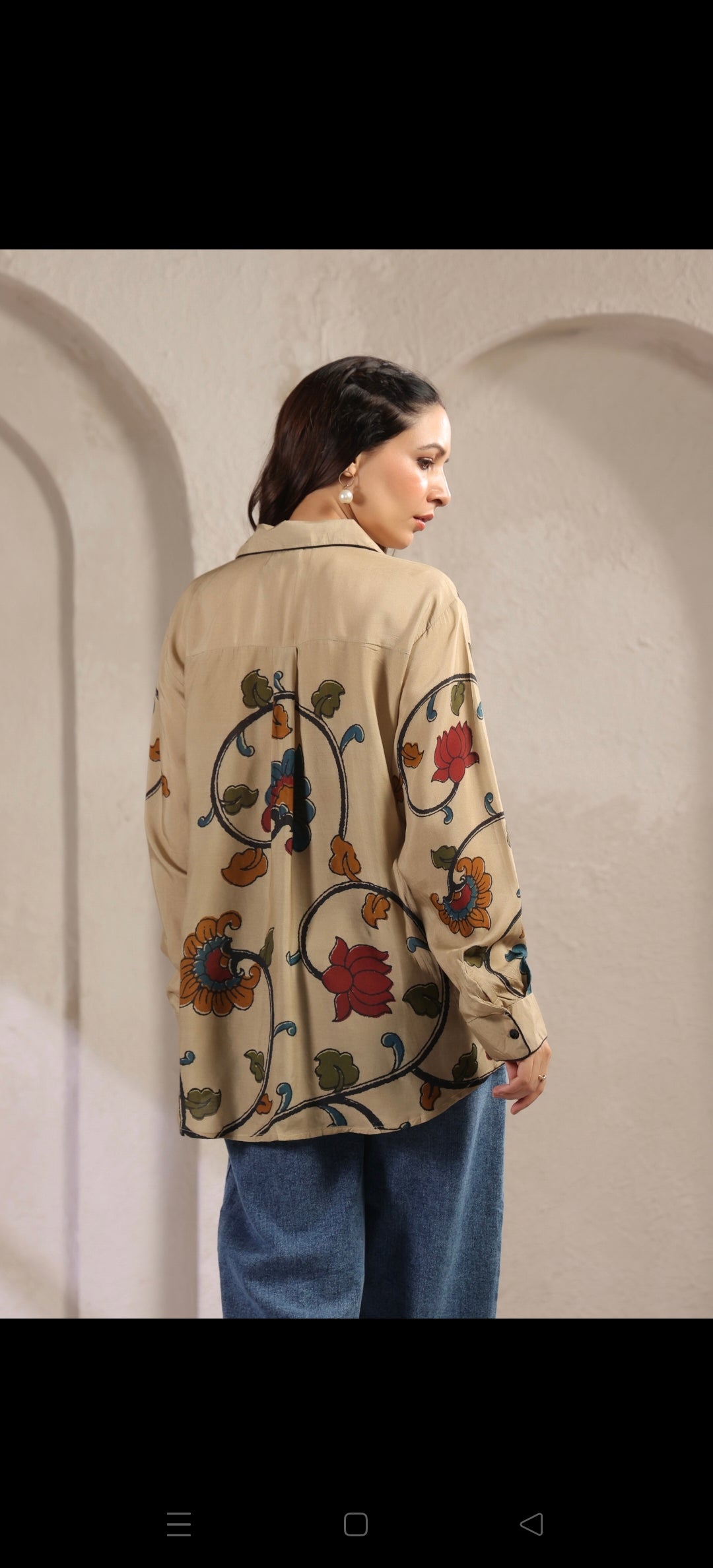 Ivory kalamkari shirt low high pattern (A961)