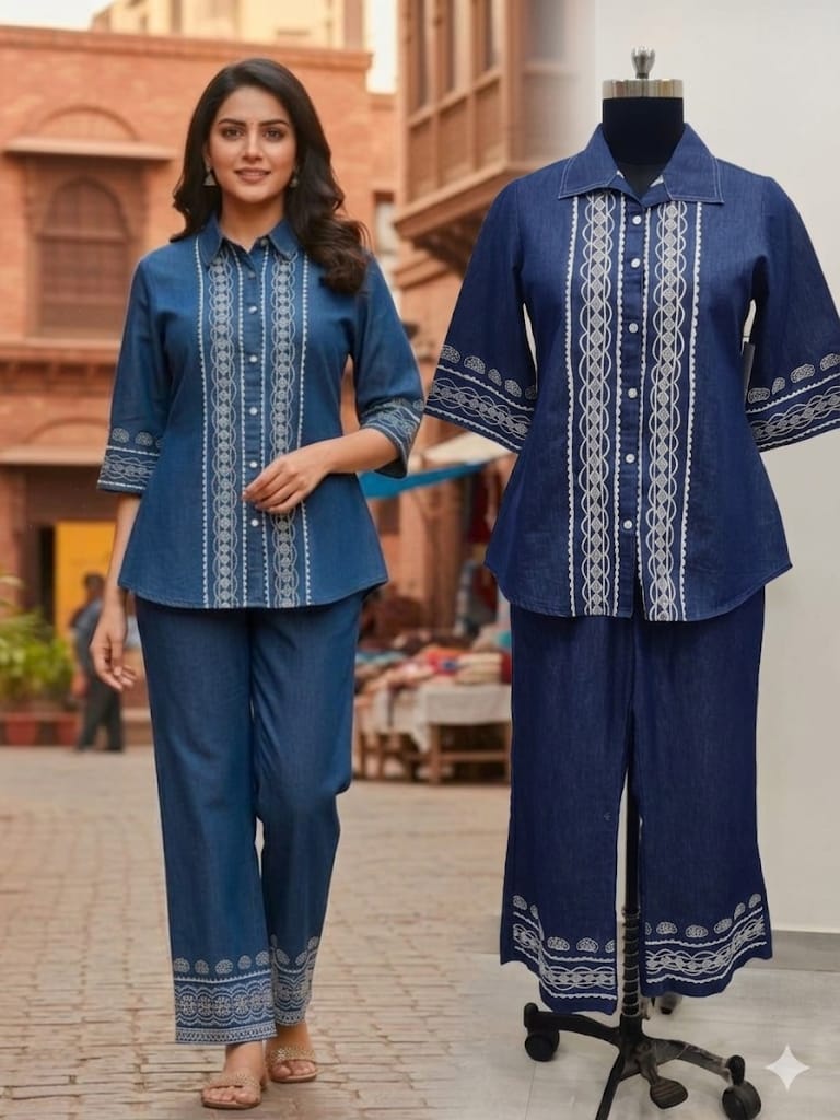 Soft denim full embroidered two piece cordset (B419)