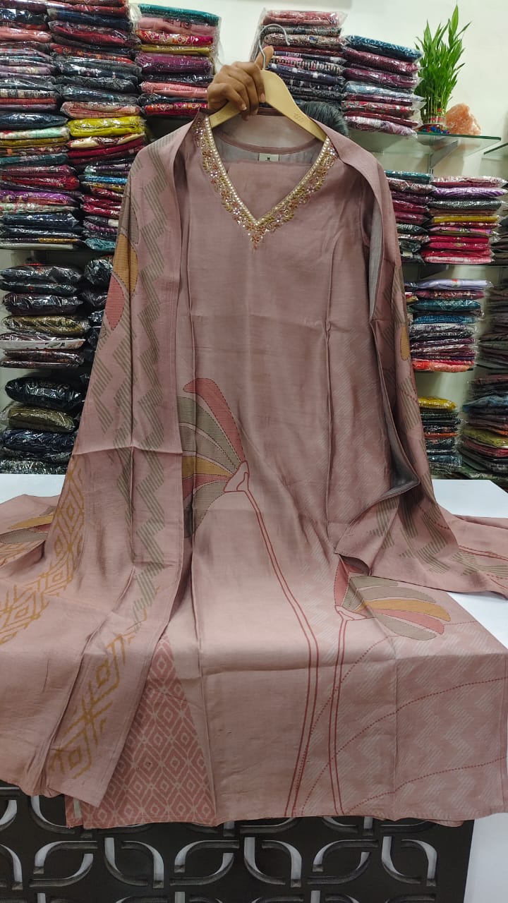 Light mauve pure muslin three piece set (A1309)