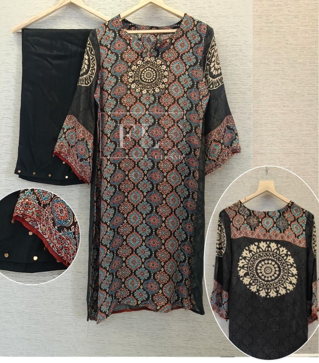 Premium crape pure ajrakh print loose fit upto 46 size (A1897)