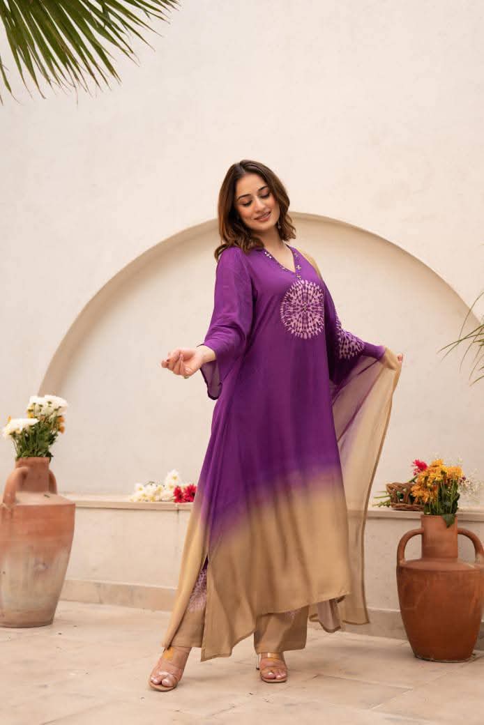 Purple Pure mul silk shaded suit with real mirror work (A426)