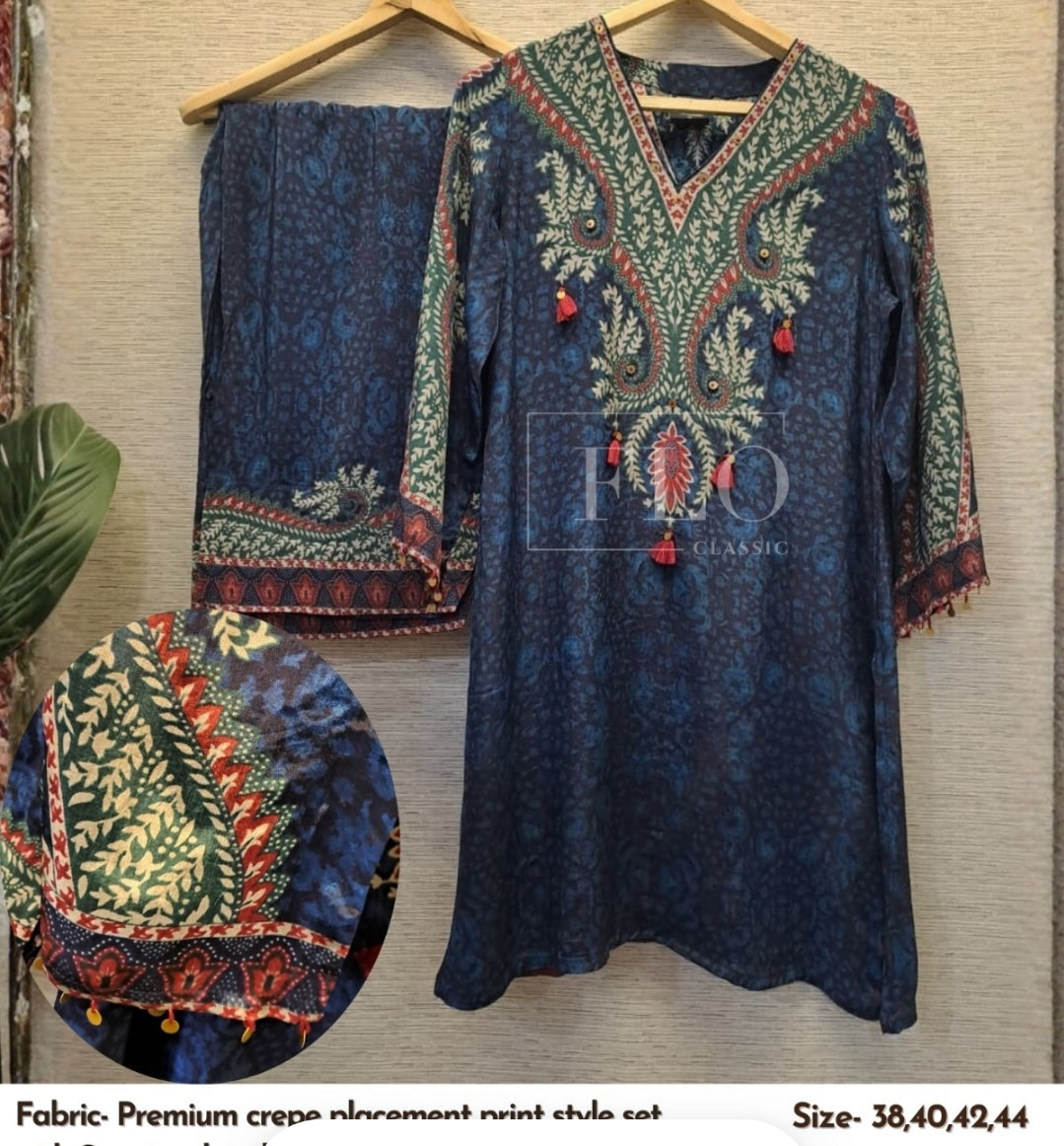 Pure crape placement print two piece cordset (B484)
