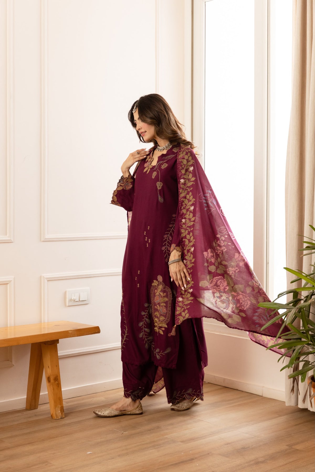 Cotton modal fully embroidered with printed dupatta three piece set (C800)