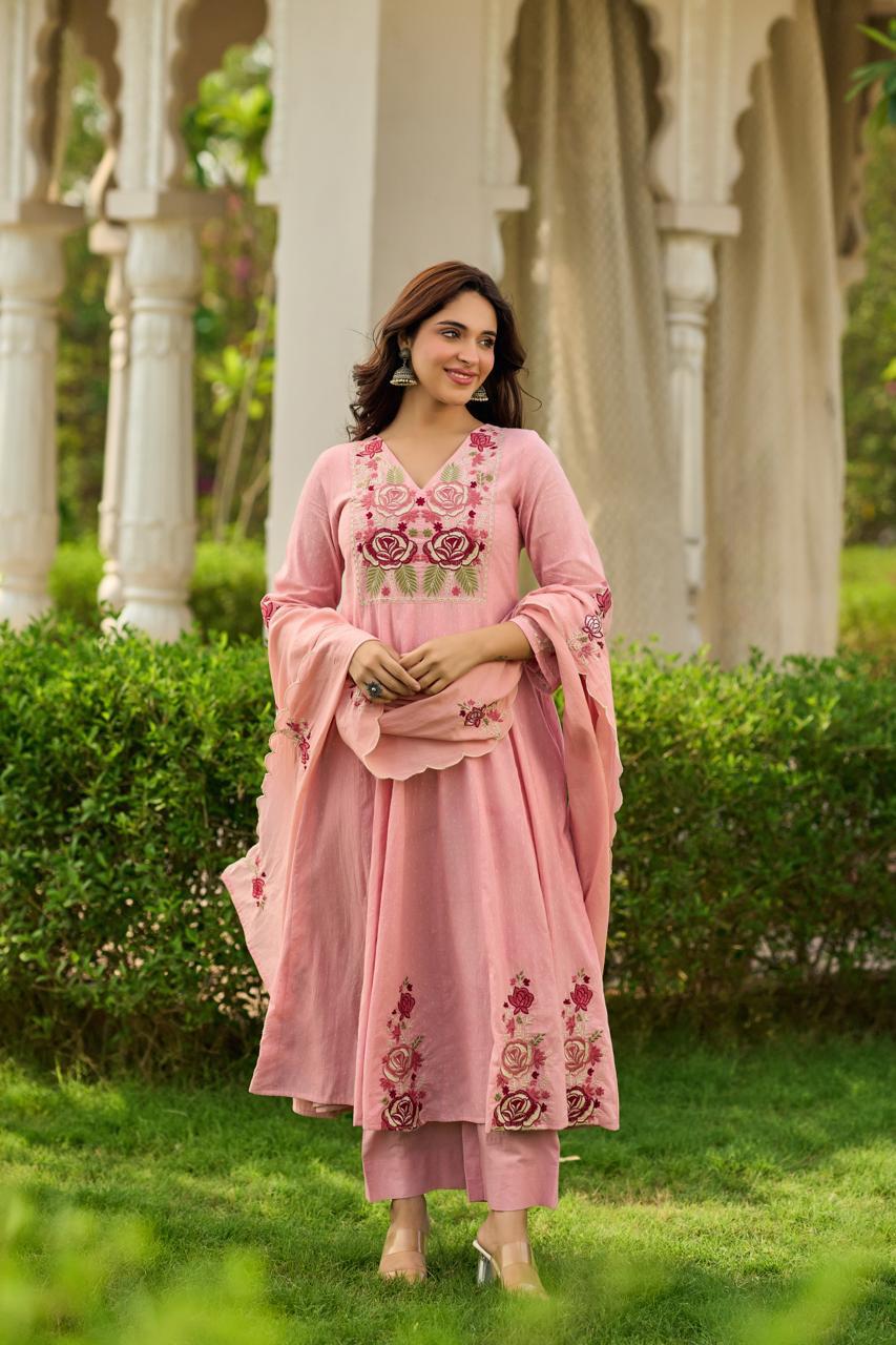 Dobby cotton A line Fully thread work three piece set (B854)