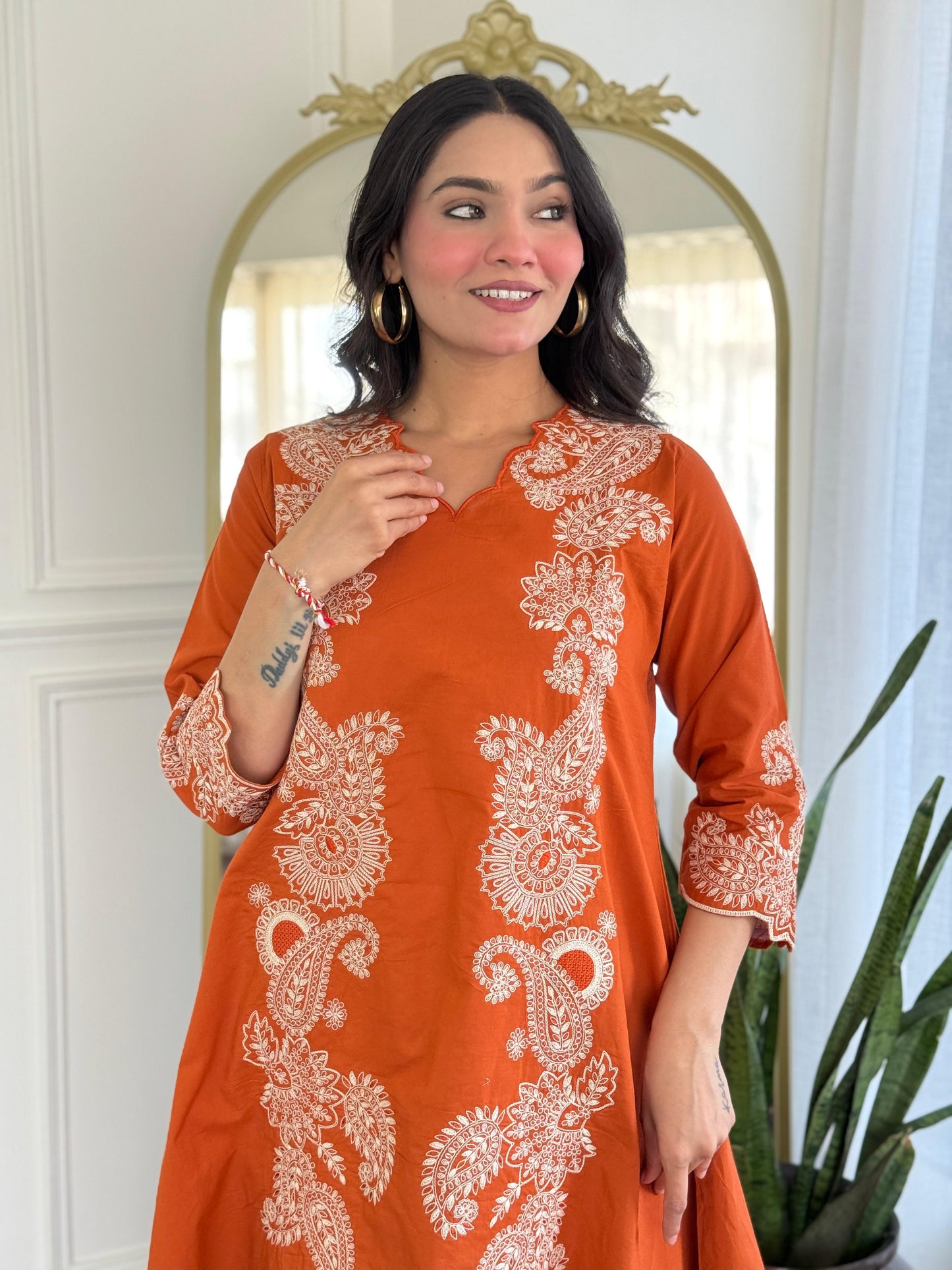 Orange pure cotton fully thread work two piece cordset (P2062)