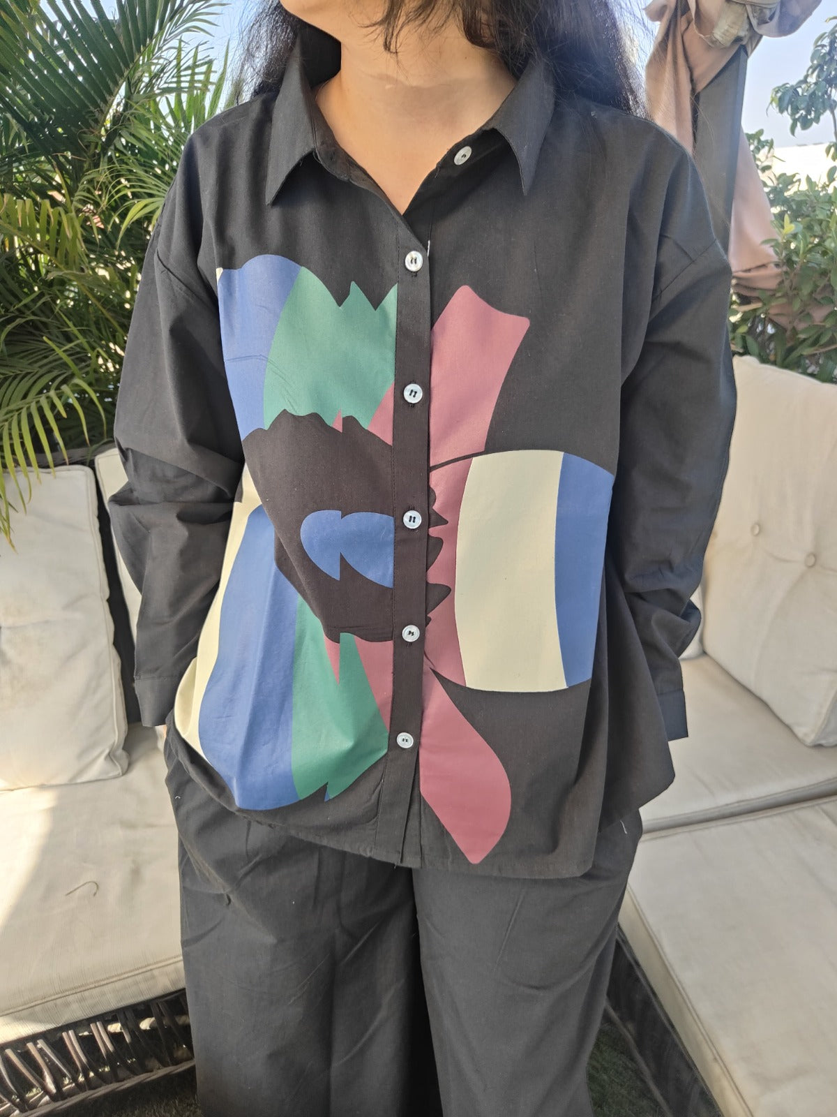 Black cotton silk full paint work two piece cordset (P2039)