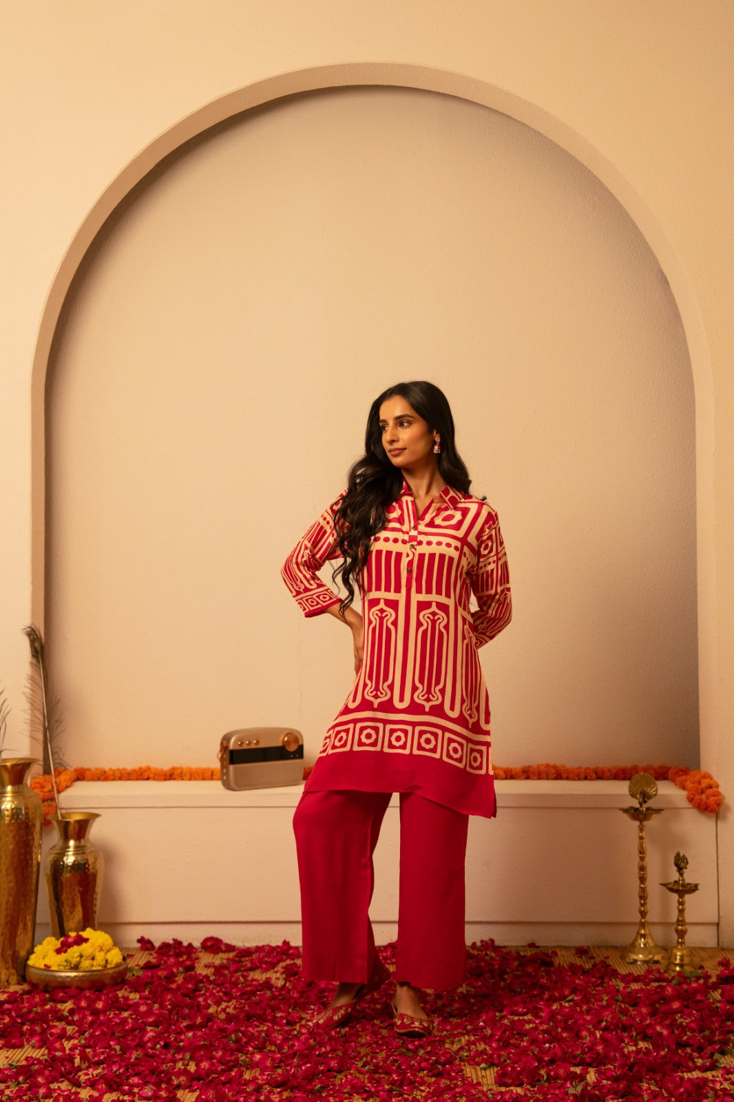 Pure crape red colour two piece cordset (A1087)