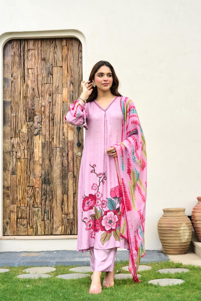 Purple pure mul silk with oraganza dupatta designer three piece set (A487)