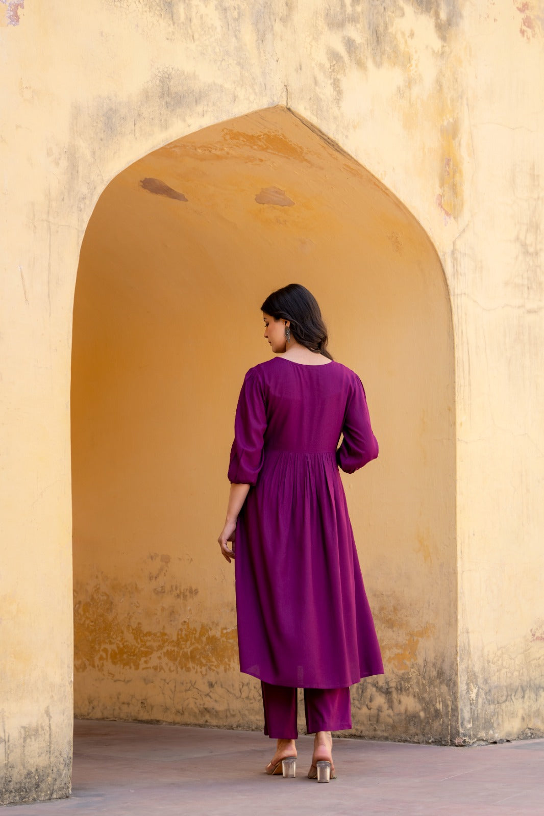 Dark purple cotton modal fully embroidered three piece set (P2136)