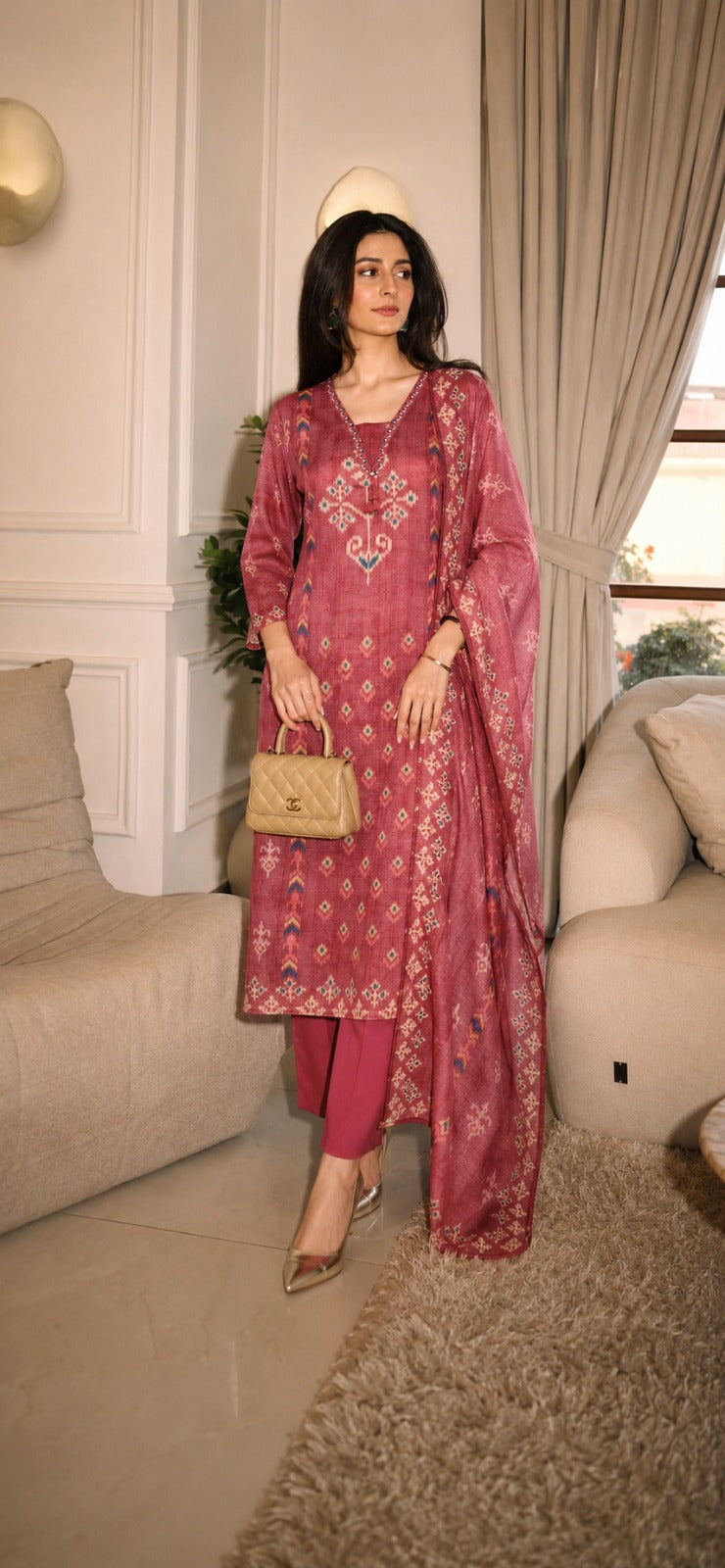 Pure linen placement print very beautiful three piece set (S142)