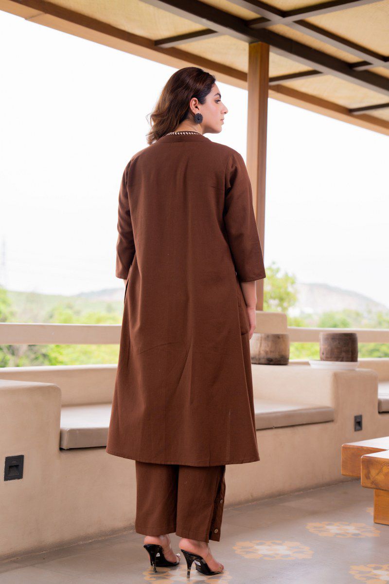 Brown cotton linen smart three piece cordset set (A893)