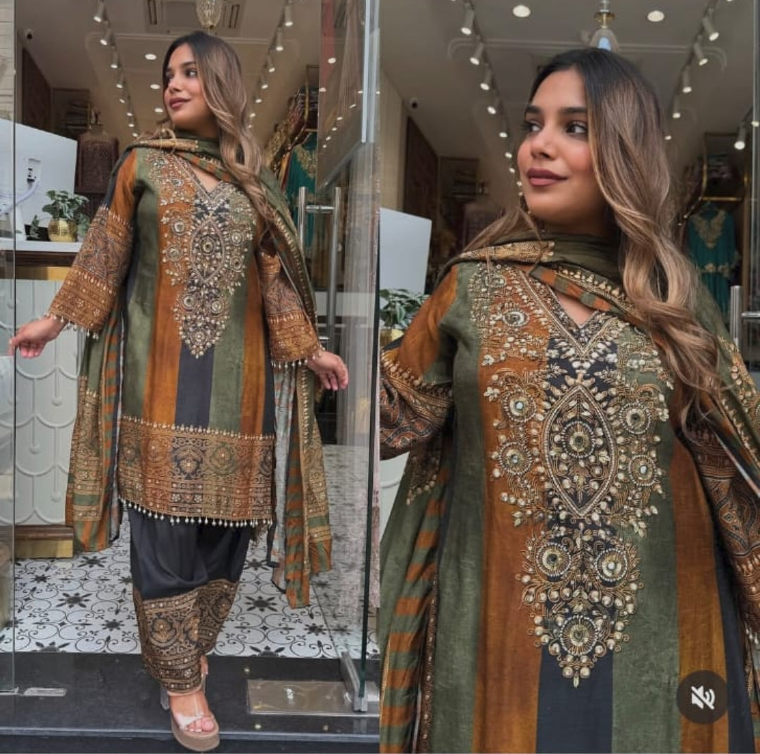 Russian silk with hand work and paired with farshi salwar three piece set (C467)