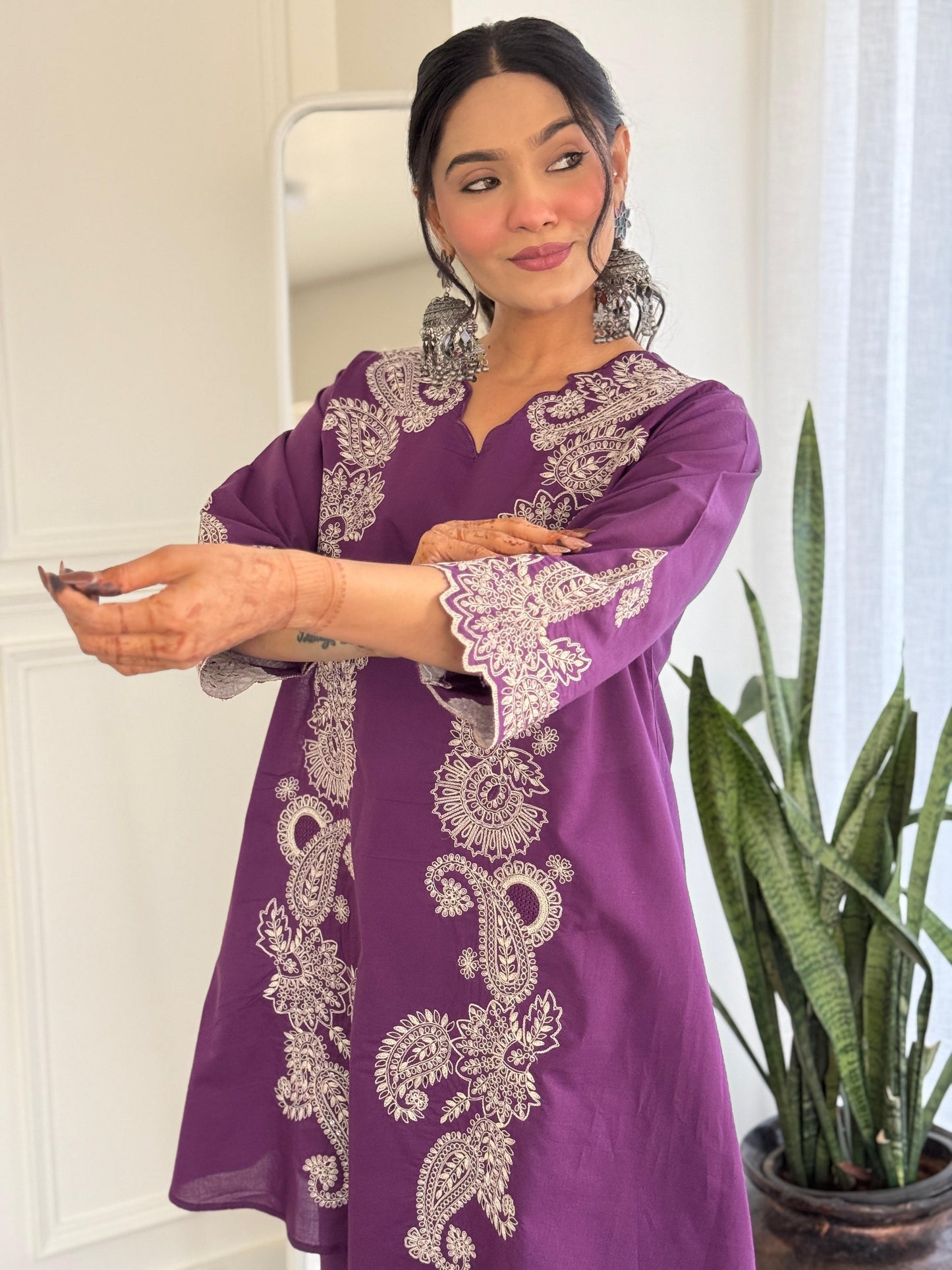 Purple pure cotton fully embroidered two piece cordset (P1970)