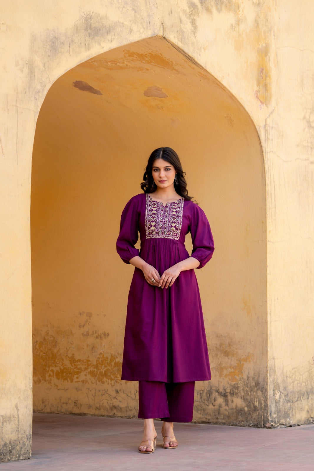 Dark purple cotton modal fully embroidered three piece set (P2136)