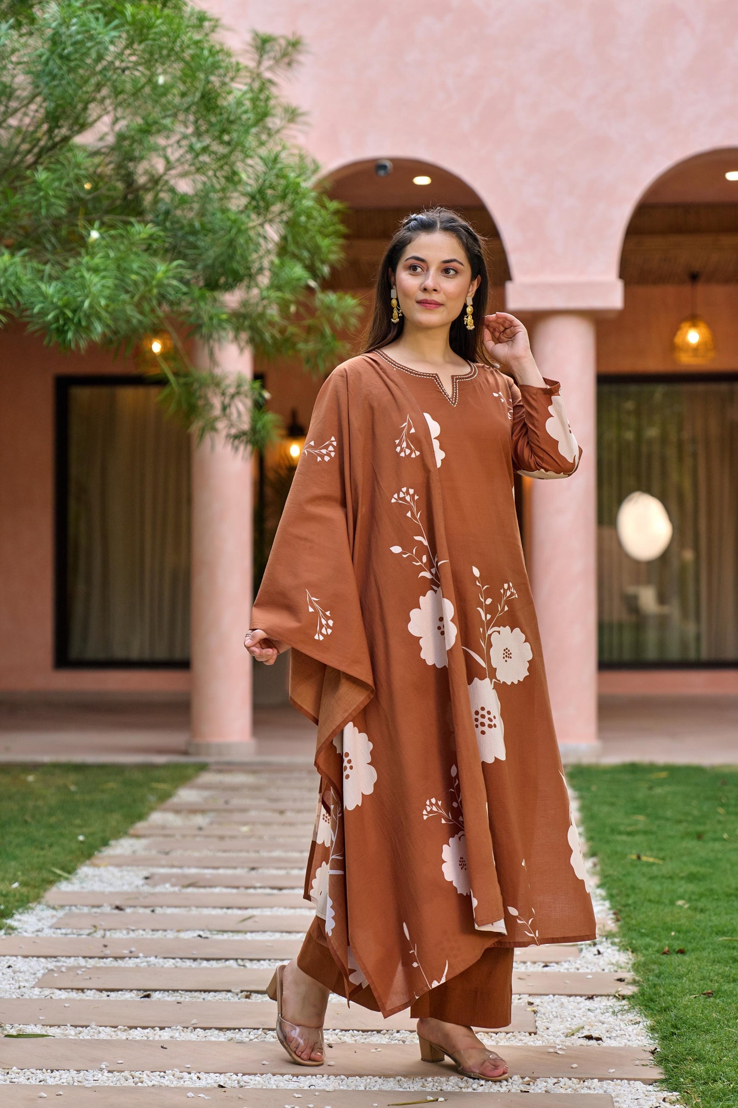 Brown pure cotton digital print three piece set (A437)