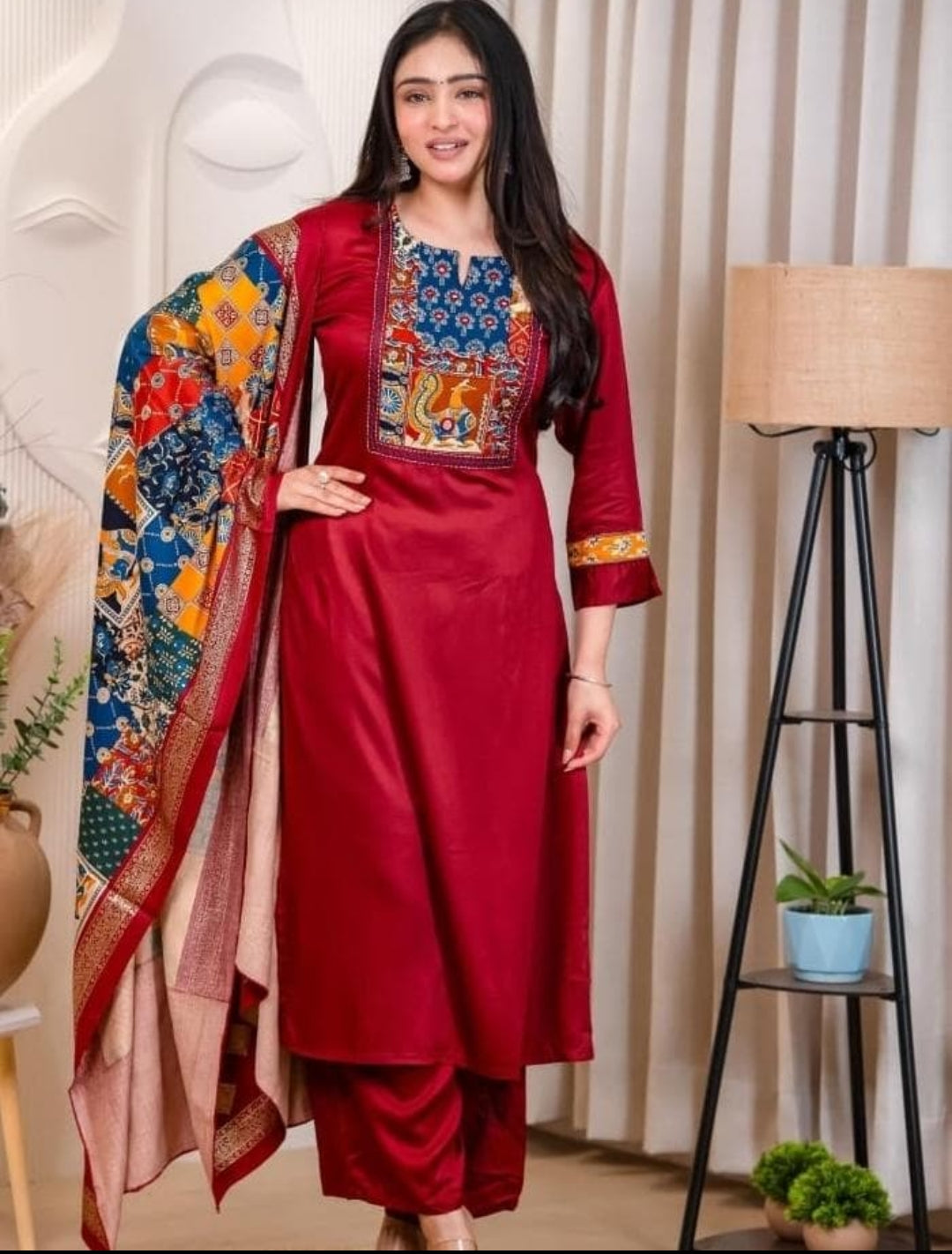 Mahroon pure gaji silk three piece set (A798)