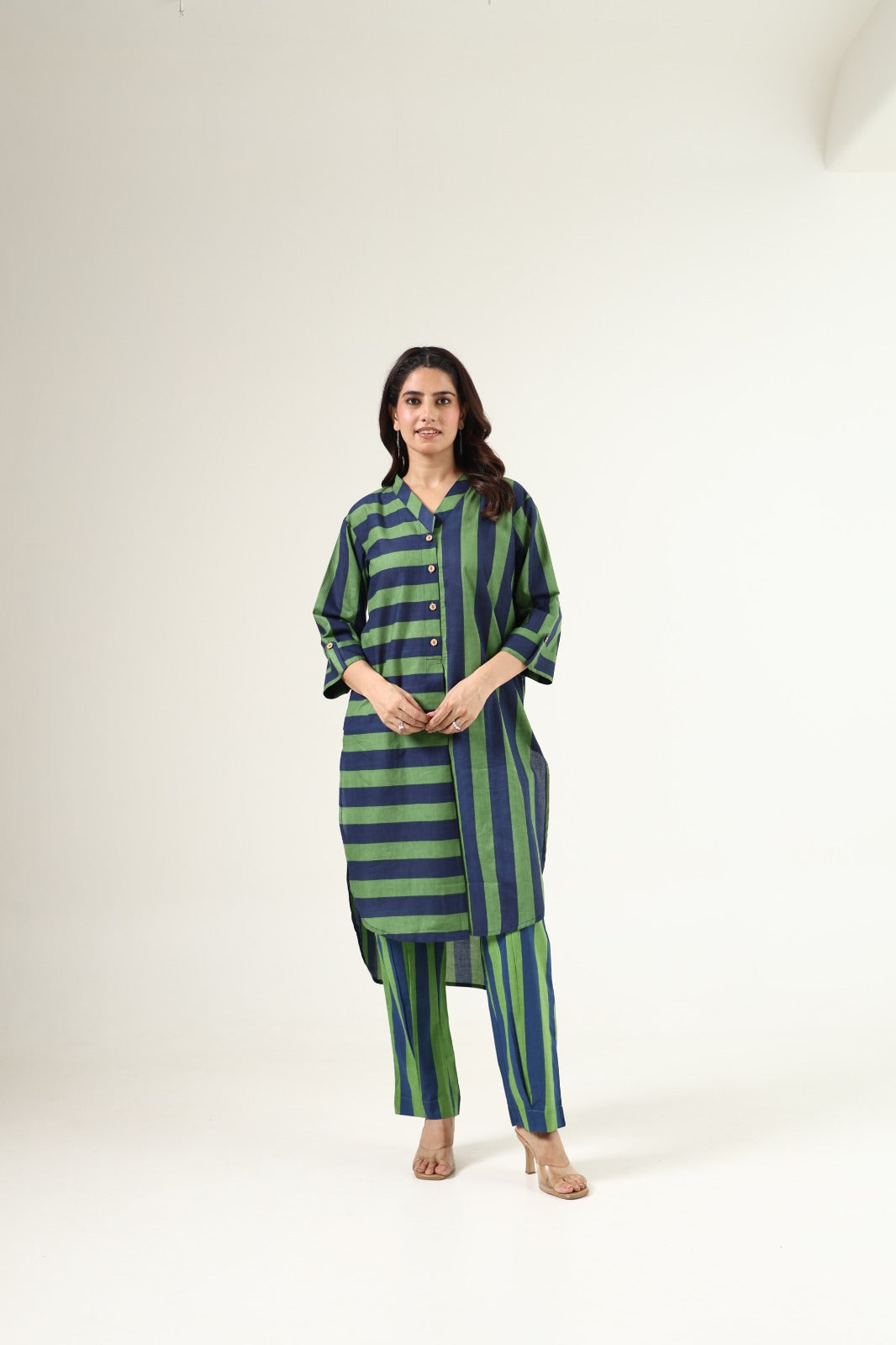 Blue with green pure cotton strips two piece cordset (A525)