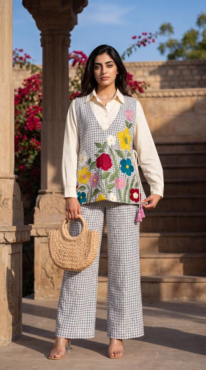 Matty check pure cotton smart three piece cordset (B856)