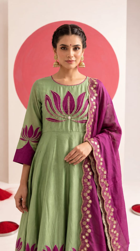 Pure chinnon flared anarkali three piece set (C790)