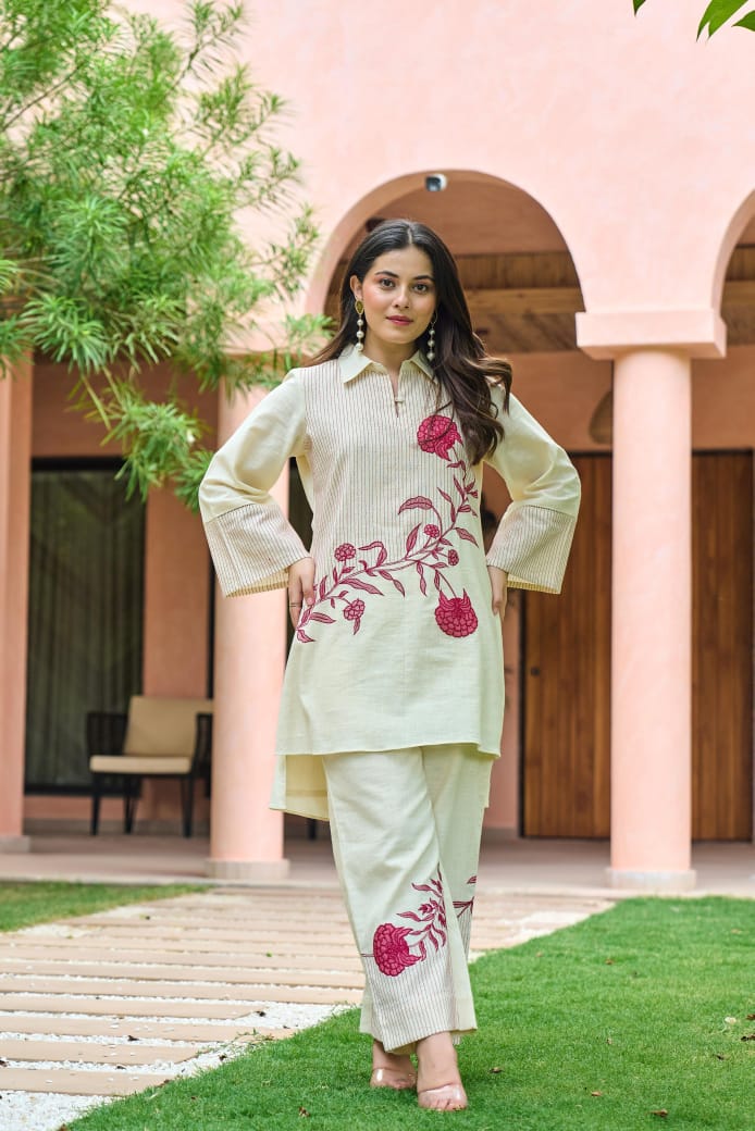 Off white with lining full thread work smart two piece cordset (A401)