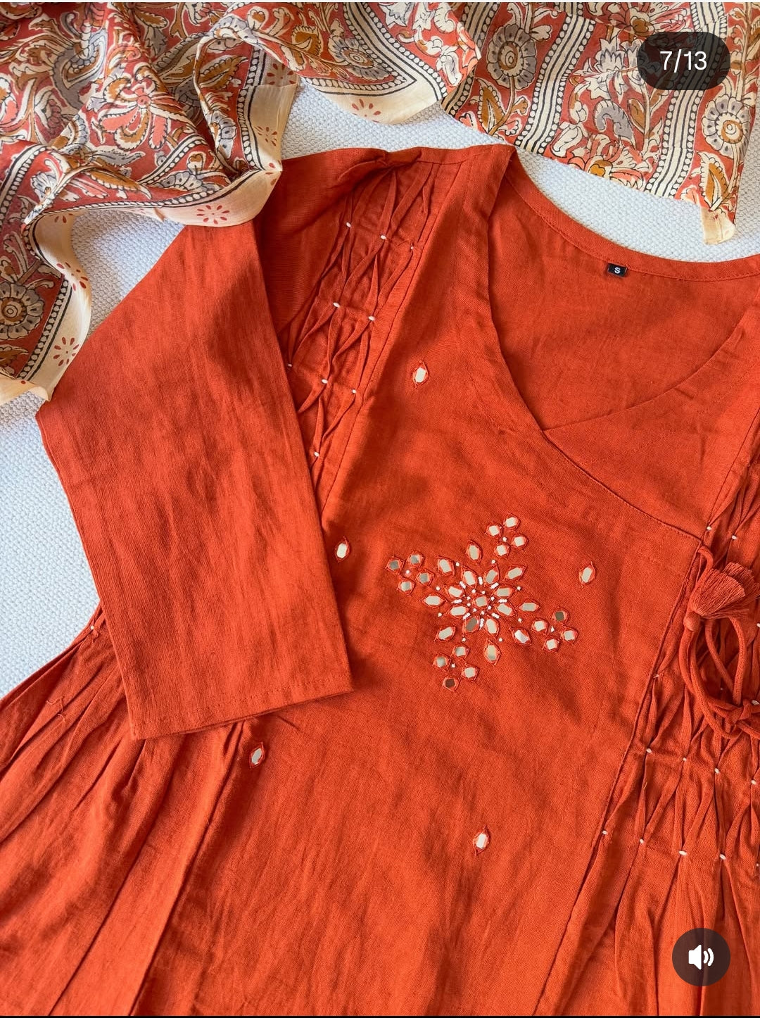 Orange pure cotton linen mirror work three piece set (A1225)