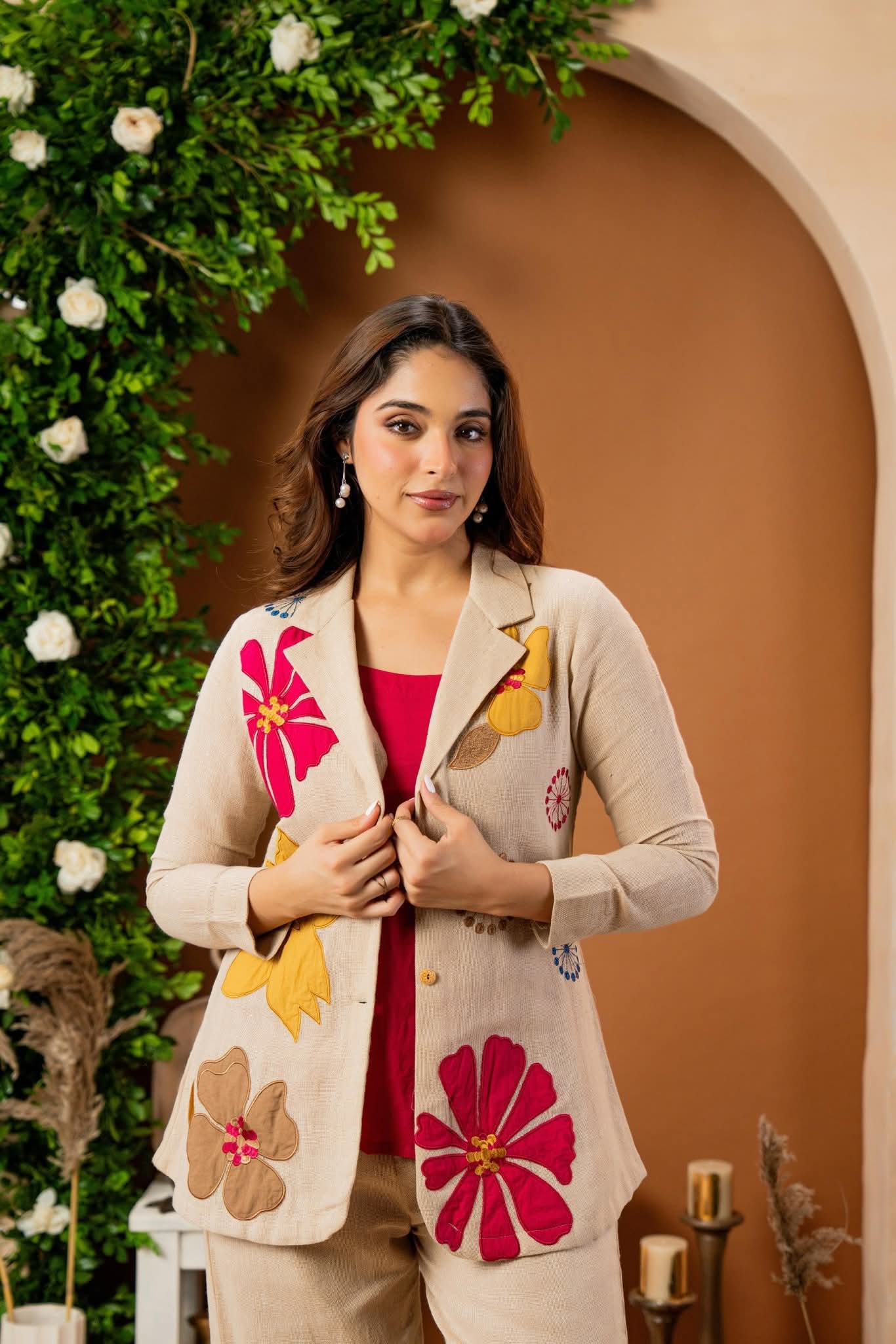 Jute cotton with lining designer three piece set (A995)