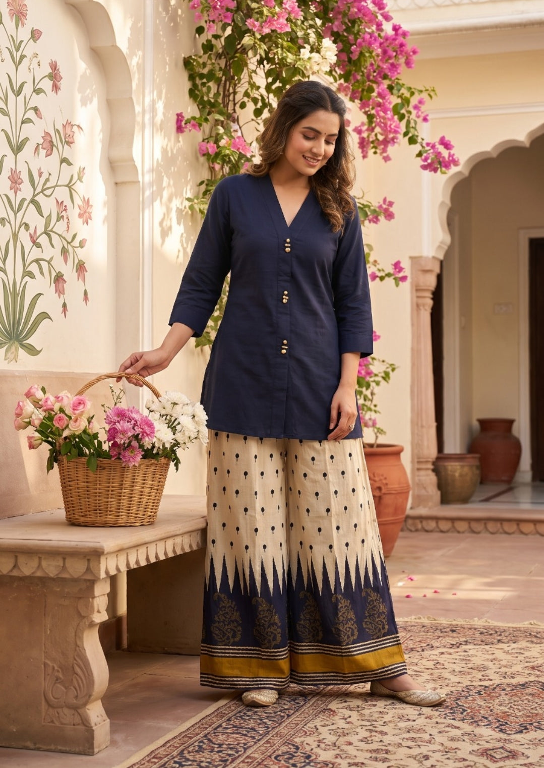 Pure muslin solid top with kalamkari flared bottom two piece cordset (S206)