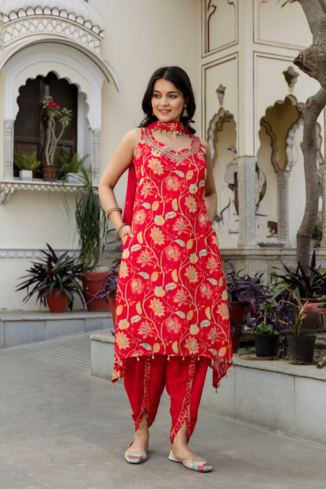 Orange pure chinnon with tulip pant designer three piece set (P1977)