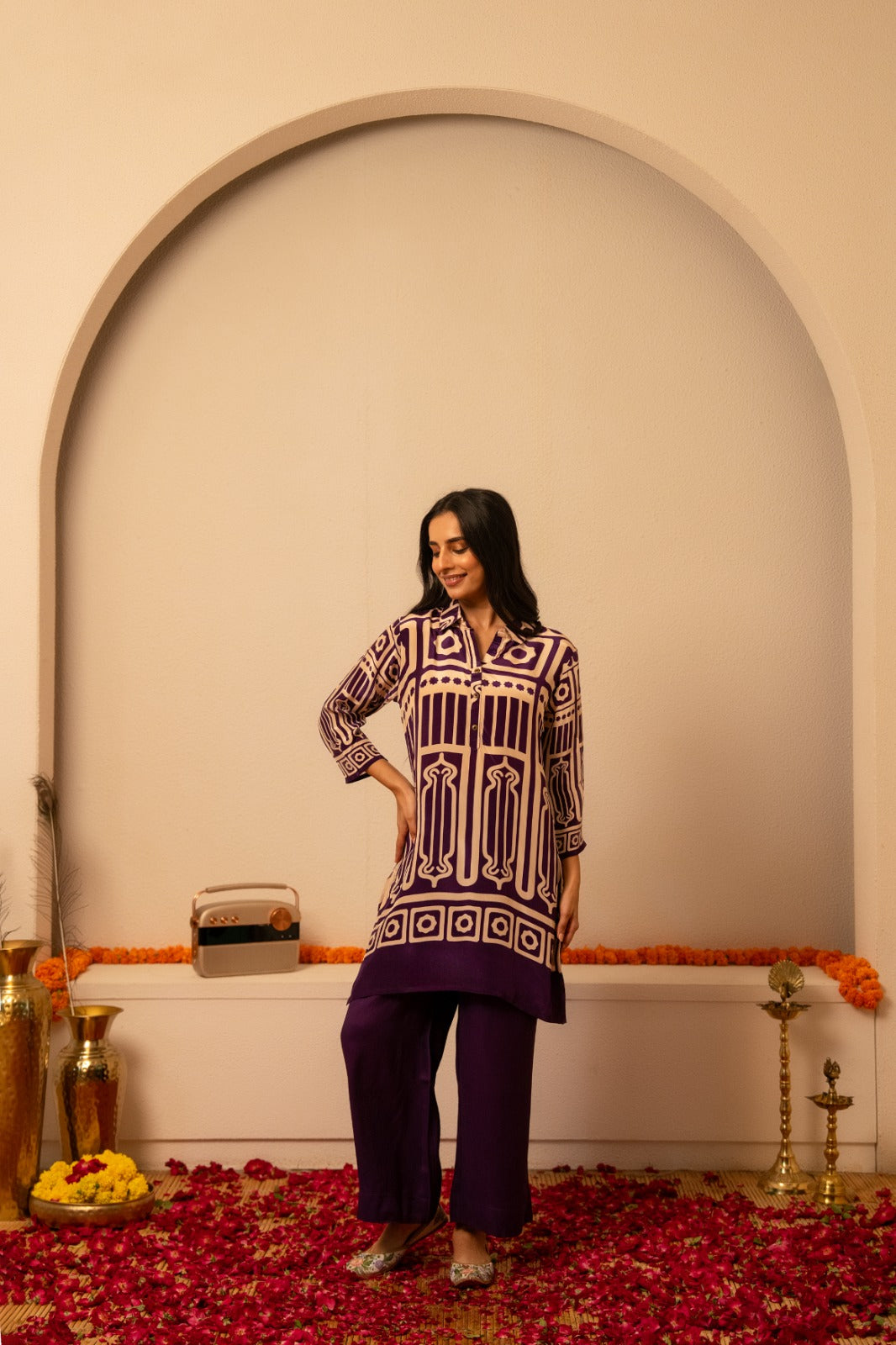 Pure crape purple colour two piece cordset (A1086)