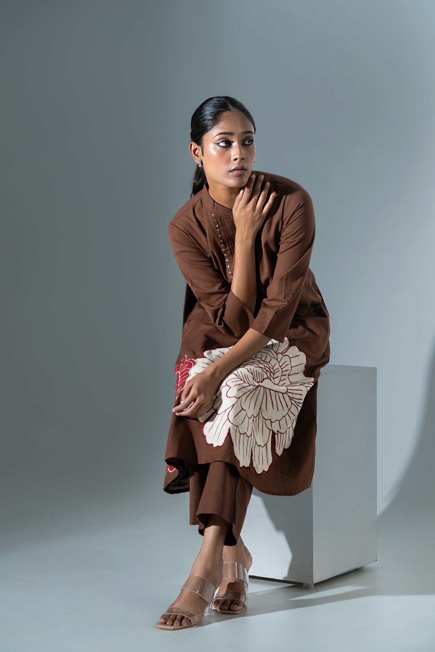 Brown pure cotton with applique work two piece cordset (A697)