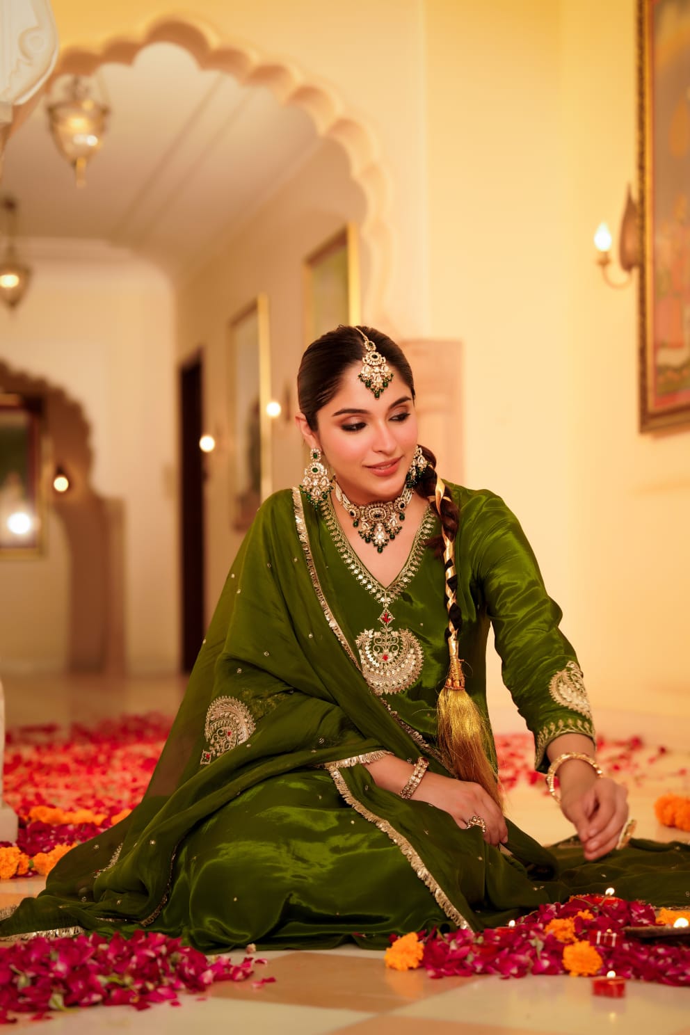 Green pure crape silk with lining designer three piece set (A1089)