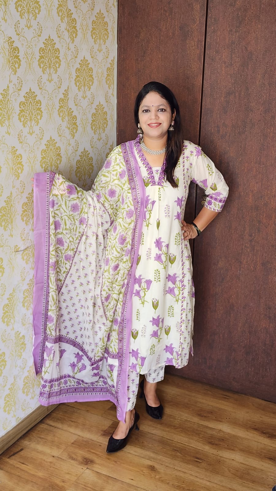 White with lavender pure cotton original block print three piece set (A411)