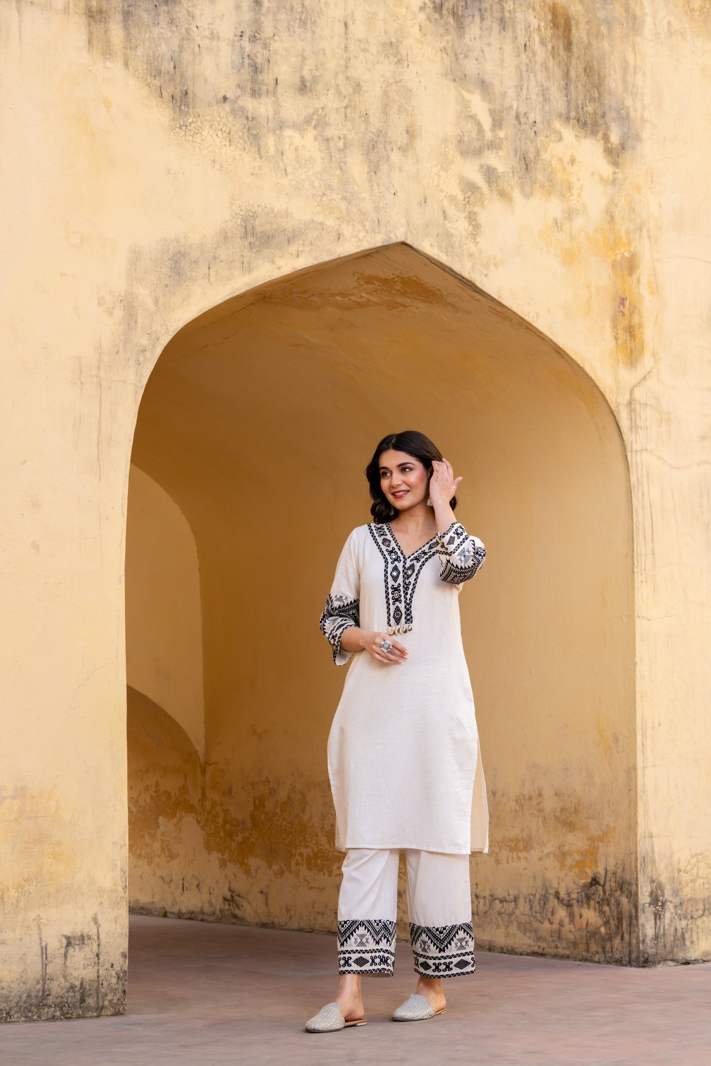 Ivory linen cotton fully thread work designer two piece cordset (P1736)
