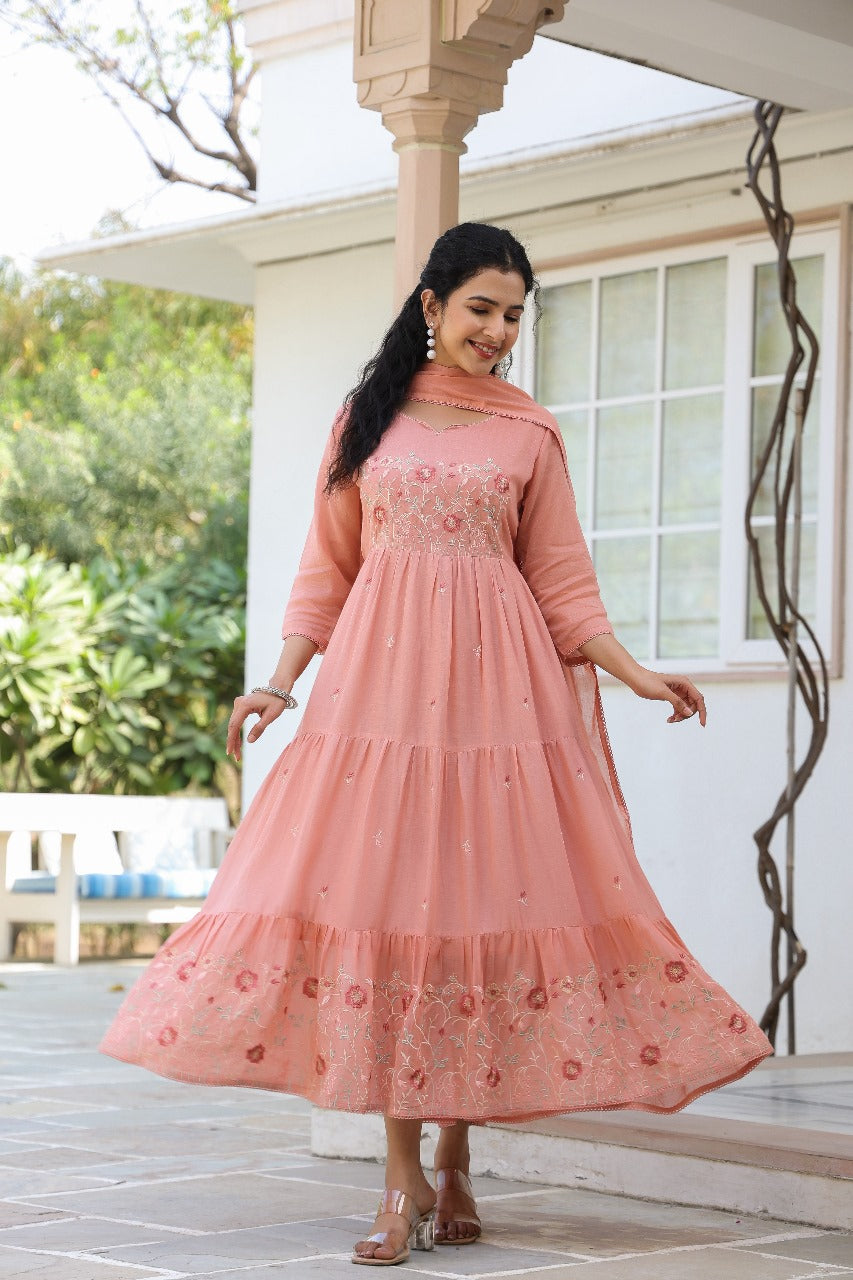 Peach pure mul cotton with full thread embroidery one piece gown with dupatta (P2007)