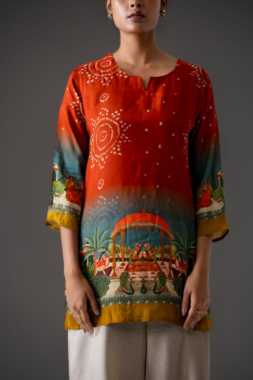Orange pichwai pure muslin top (A749)