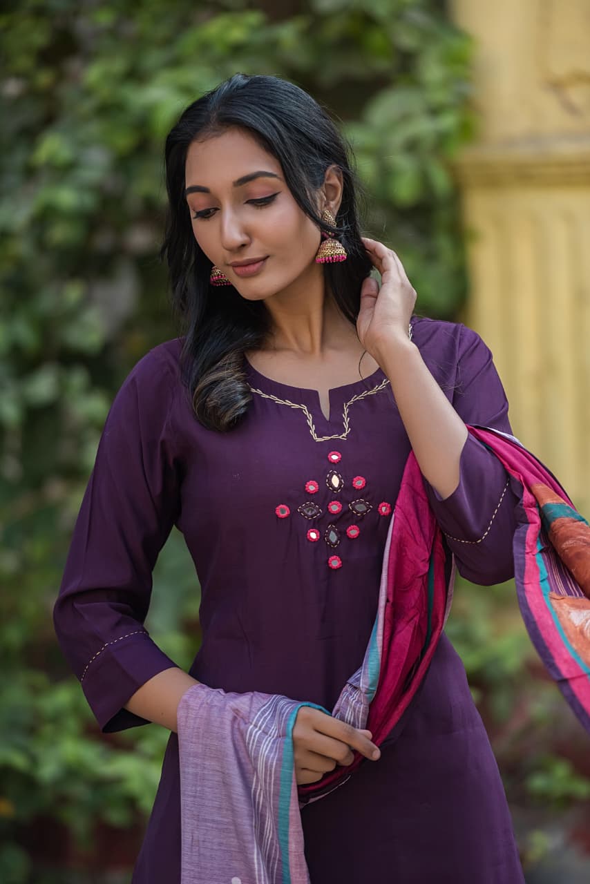 Pure muslin with real mirror work designer silk dupatta three piece set (A1271)