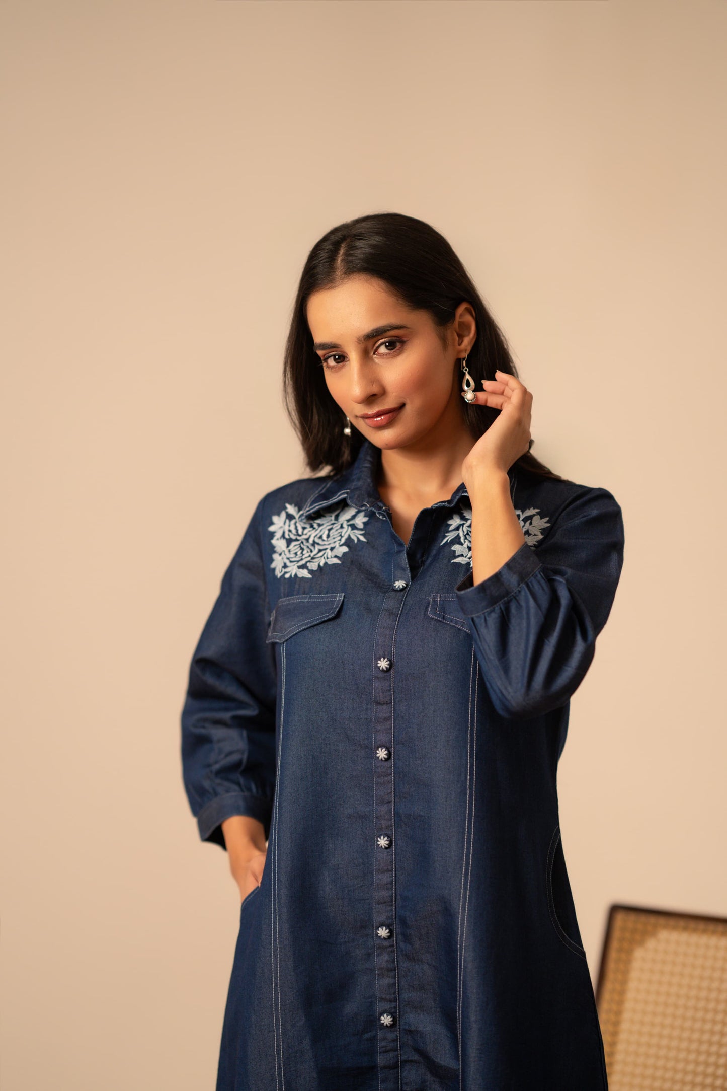 Blue denim with thread work dress (A1129)