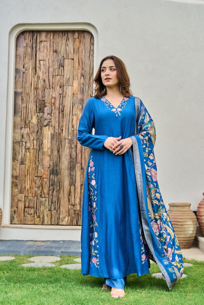 Royal blue mul chanderi fully thread work with kalamkari dupatta three piece set (A528)